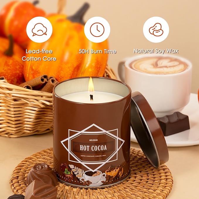 Hot Cocoa Fall Scented Candle – 9 oz Soy Wax in Travel-Friendly Reusable Tin, Non-Toxic & Clean Burning, 50-Hour Burn – Cozy Autumn Fragrance, Holiday Gift & Fall Decor for Women & Men