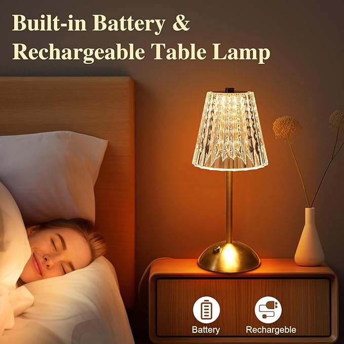 Cordless lamp,Dimmable Crystal Table Lamp 3 Colors LED Gold Lamp,Touch Lamp Diamond Crystal Lamp, Rechargeable Small Lamp, Wireless Lamp Vintage Lamp for Bedroom Living Room Bathroom Hotel Bar
