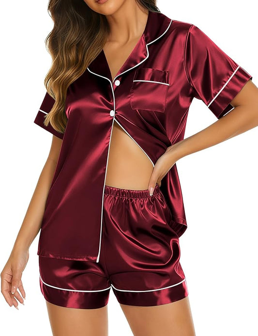 Ekouaer Silk Pajamas for Women Short Sleeve Sleepwear Soft Button Down Loungewear 2 Piece Satin Pjs Shorts Set S-XXL