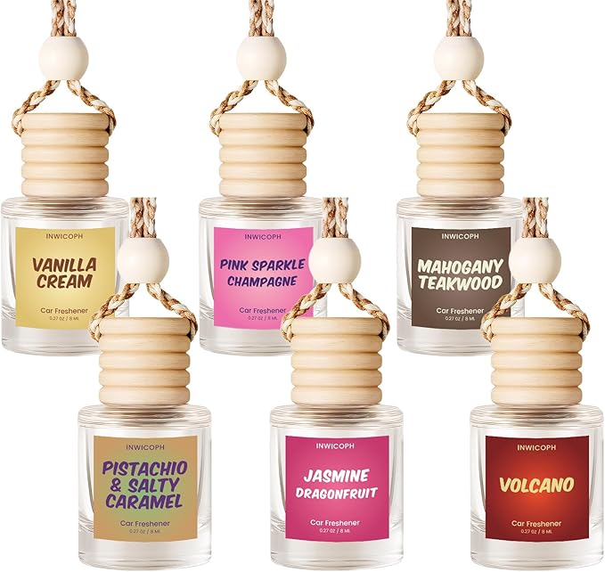 Car Air Freshener Diffuser 6 Pack Hanging Air Freshener, Vanilla Cream, Pink Sparkle Champagne, Mahogany Teakwood, Pistachio & Salty Caramel, Jasmine Dragonfruit and Volcano Scents for Women