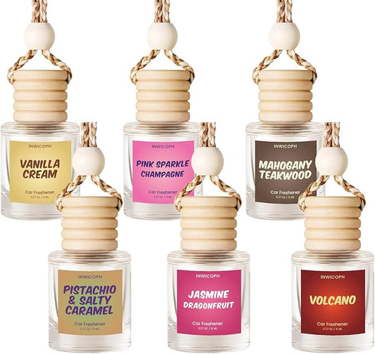 Car Air Freshener Diffuser 6 Pack Hanging Air Freshener, Vanilla Cream, Pink Sparkle Champagne, Mahogany Teakwood, Pistachio & Salty Caramel, Jasmine Dragonfruit and Volcano Scents for Women
