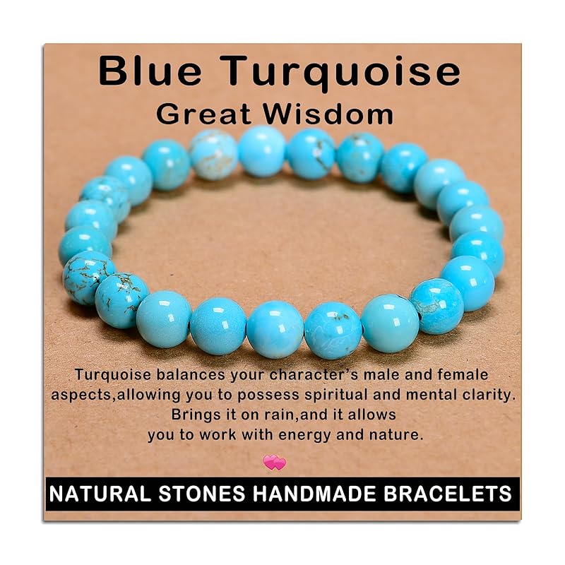 AD Beads Handmade Gemstone Stretch Elastic Bracelet Crystal Healing Reiki Nature's Beauty and Spiritual Essence Unisex (8mm, Blue Turquoise (Great Wisdom))