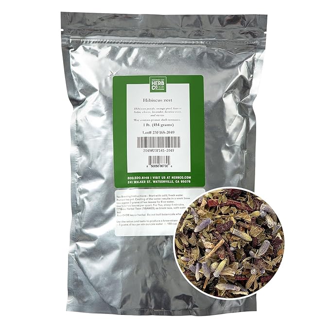 Monterey Bay Herb Co. Hibiscus Zest Tea – 1 lb Loose Leaf | Citrus & Floral Blend with Hibiscus, Lavender, Cloves & Licorice | Caffeine-Free Herbal Tea