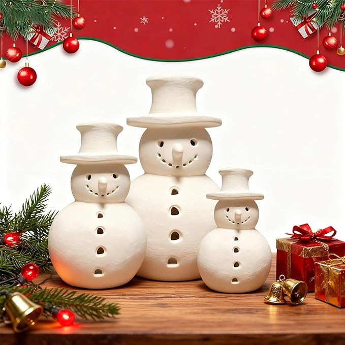 Handmade Terracotta Snowman Decor, White Clay Statue Figurines Snowman, Winter Christmas Decorations Indoor, Unique Style Handcrafted Terra Cotta for Holiday Table Ornaments(3PCS)