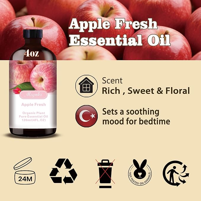 Apple Fragrance Oil-Apple Essential Oil 4.33oz (130ml)-100% Pure Natural Scent for Diffusers, Candles, Soap Making & Aromatherapy-Relaxing Home & Gift Essential Oil for Bath, Massage