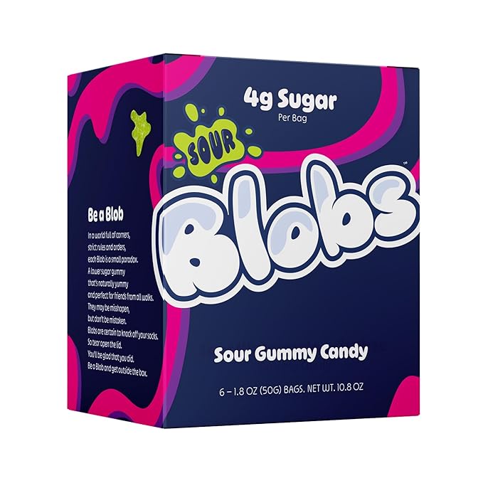 Blobs SOUR Gummy Candy Low Sugar & Low Calorie- No Sugar Alcohols, Vegan, No Dyes- Watermelon-Lychee, Black Ras Cherry, Strawberry Yuzu- (Pack of 6) Mixed Bag, All Three Flavors Per Bag