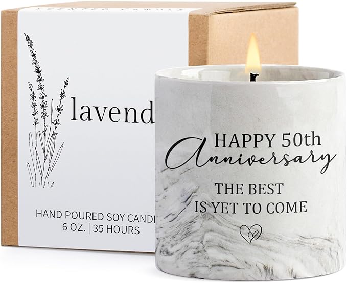 50th Anniversary Candle for Couples 50th Golden Anniversary Wedding Gifts for Parents Women Men Lavender Happy 50 Year Aniversario Candle Gifts for Wife Husband 6 oz
