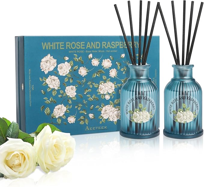 Rose and Berries Reed Diffuser Set, 2-Pack 3.5fl oz Aroma Essential Oils, Flower Scented Oil Home Fragrance with Fiber Sticks, Aromatherapy Air Freshener for Room Shelf Bathroom Decor
