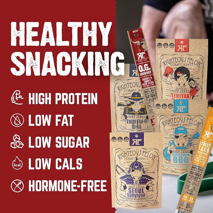 Righteous Beef Jerky Variety Pack Gift Basket - Great Gifts for Men | Gluten Free, High Protein Healthy Snack | Beef, Pork, & Turkey Jerky Variety Snack Pack | Fan Favorites 6 Pack