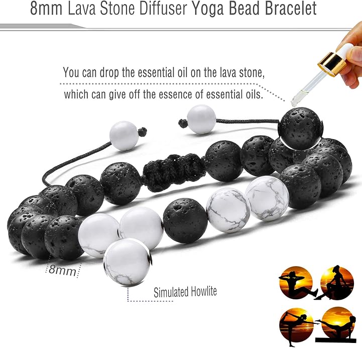 Hamoery Men Women 8mm Lava Rock Aromatherapy Anxiety Essential Oil Diffuser Bracelet Braided Rope Natural Stone Yoga Gifts Beads Bracelet Bangle-21017