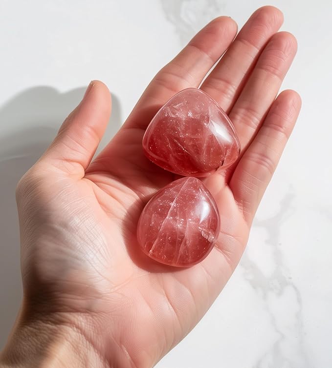 Polished Strawberry Quartz Crystal Stones - 2 Pcs of 1.2" Worry Stone for Anxiety, Pocket Palm Stone Super Large Handpicked Natural Tumbled Gemstones for Meditation, Reiki, Chakra Healing, Home Decor