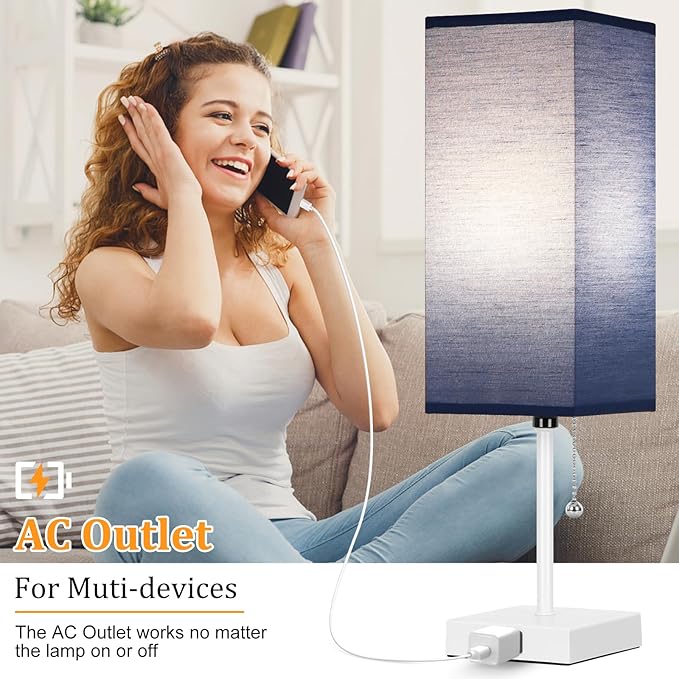 18'' Table Lamp for Bedroom set of 2,3-Color Bedside Lamps with Pull Chain Table Lamps for Night stands ,Small Night Light Lamps with 2 Bulbs Lamps for Living Room Kids Room Office Decor（Blue+White）