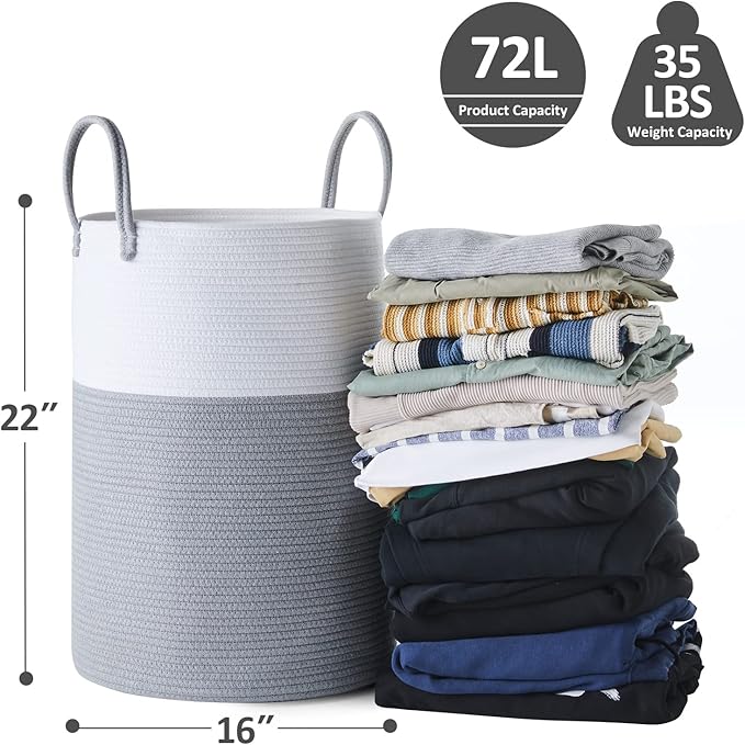 Cotton Rope Laundry Hamper by YOUDENOVA, 72L - Woven Collapsible Laundry Basket - Clothes Storage Basket for Blankets, Laundry Room Organizing, Bedroom Storage, Clothes Hamper – Grey