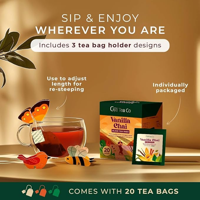 Gya Tea Co Vanilla Chai Tea Bags (20 Bags) - Caffeinated with a Smooth Flavor for Workday - Recharge Yourself with Every Sip - Fruit & Herbal Blends