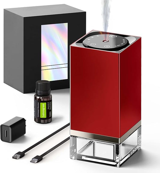 Essential Oil Diffuser – 50ml Capacity Nebulizer Waterless Diffuser, Portable, Battery Operated, Scent Air Machine for Home 4 Mist Settings 1/2/8H Timers （Includes Essential Oils and Adapter）C01-1 Red