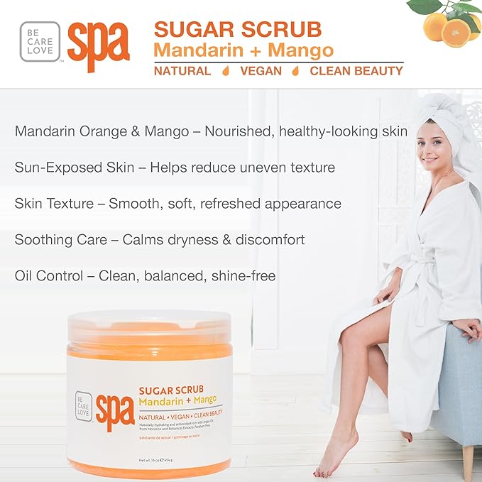 Be Care Love Spa Sugar Scrub Mandarin + Mango, natural, vegan and clean beauty 16 Oz Made in USA