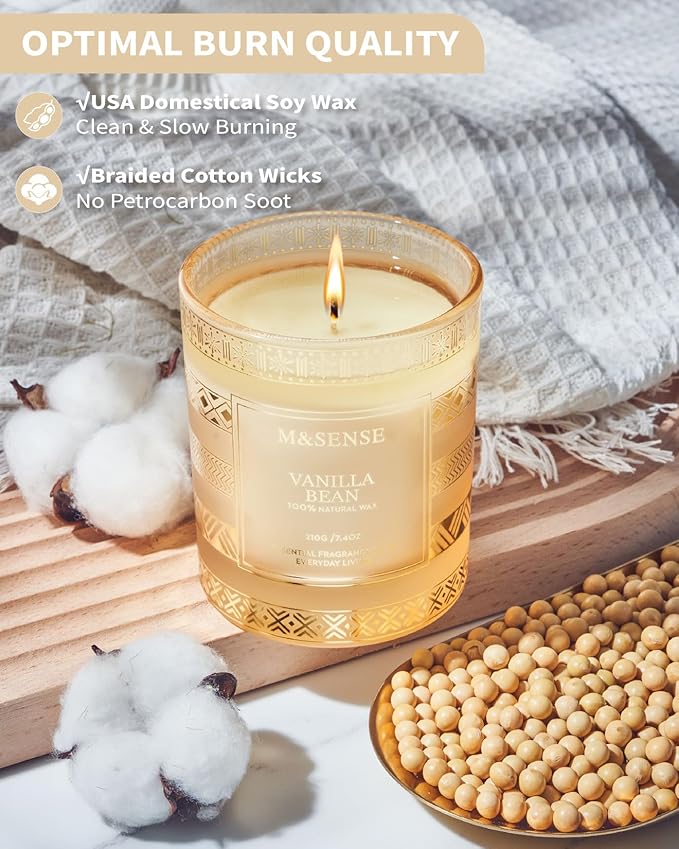 M&SENSE Vanilla Bean Scented Candles for Christmas Thanksgiving Gift Set, House Warming Gifts New Home, 7.4 oz 45 Hours Slow Burning, Natural Soy Candle for Home Scented