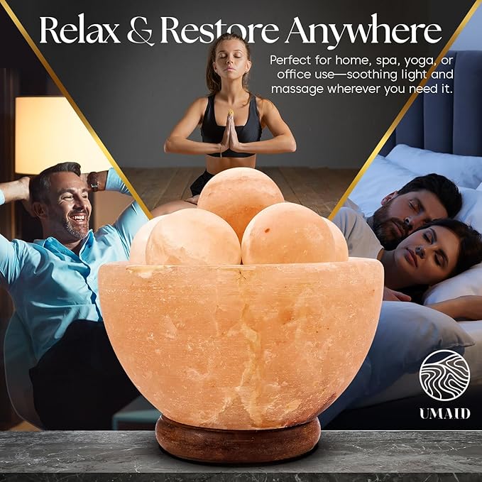 UMAID Himalayan Salt Lamp Bowl with 6 Massage Balls – Dimmable Natural Pink Rock Salt Lamp for Relaxation, Meditation,Yoga, Spa, Office, Bedroom, Wellness, Home Decor, and Unique Gift