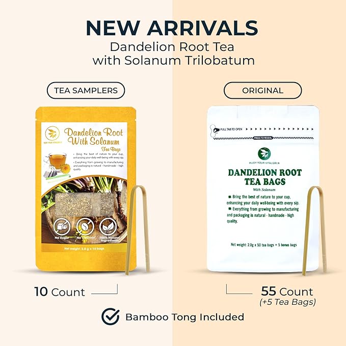 Natural Dandelion Root Tea with Solanum Trilobatum - 55 Count (+5 Tea Bags) - 5.15 oz, Bamboo Tong, Re-Steep Pure Herbal Tea Detox Blend for Strength Balance, Energy Support