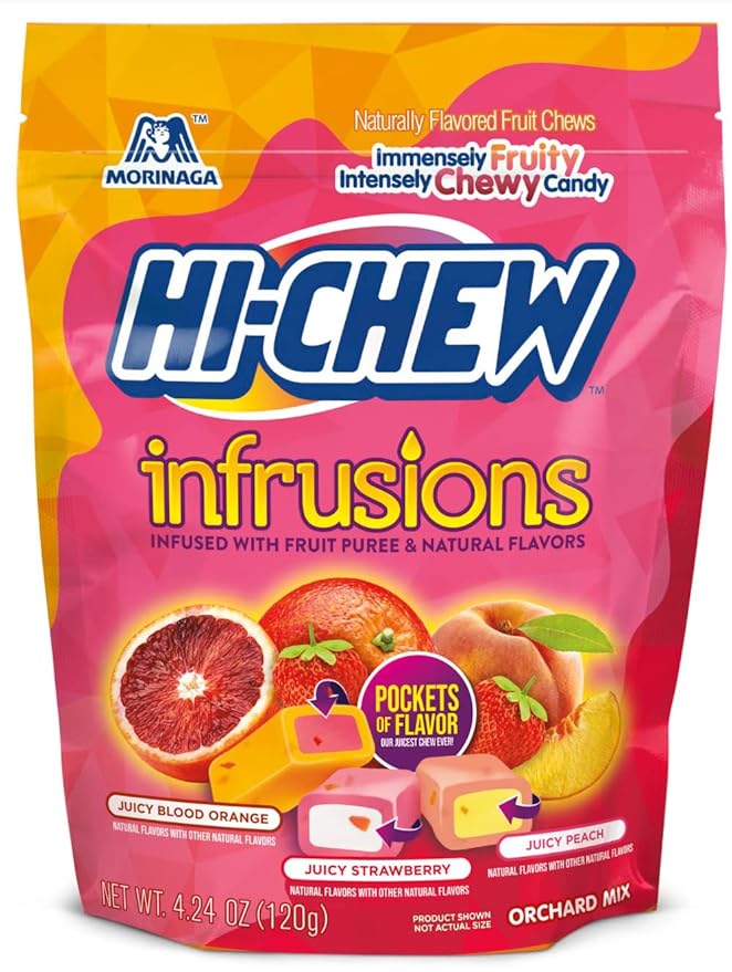 HI-CHEW Infrusions Blood Orange, Stawberry, Peach, 7 Mini Stand Up Pouches, 4.24oz each - Fun Soft & Chewy Candy - Immensely Juicy Fruity Flavors - Individually Wrapped Halloween Sharing Candy