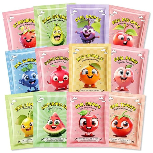 evpct 12 Pack Fruit Kids Face Masks for Kids Girls Spa, Girls Kids Facial Spa Day Slumber Sleepover Birthday Party Favors Supplies Kit for Girl, Kid Friendly Facial Face Masks Bulk Skincare for Kid, 1