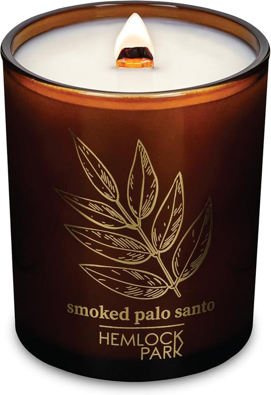 Hemlock Park Wood Wick Candle Handcrafted with Natural Coconut Wax and Essential Oils (Amber & Gold 7.2 oz, Smoked Palo Santo)