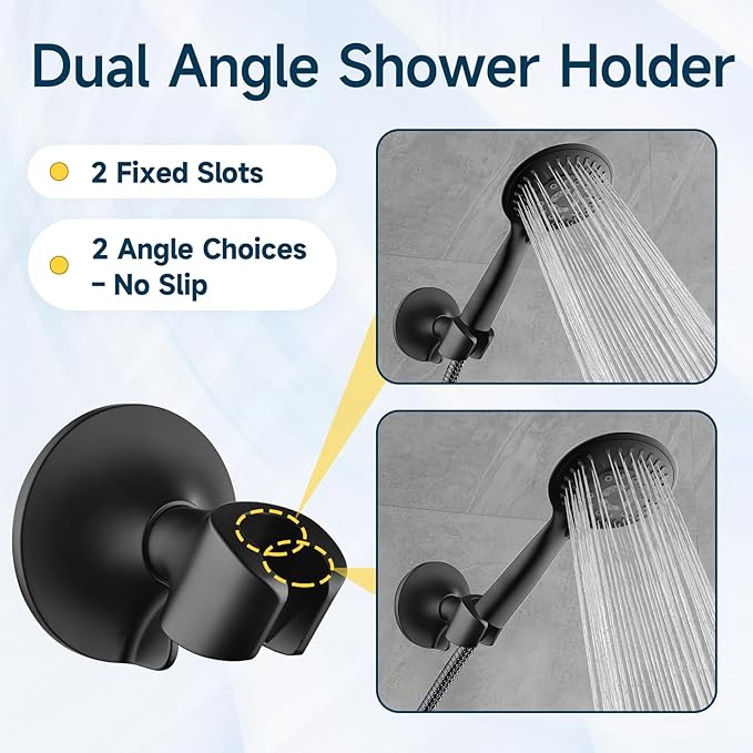 BRIGHT SHOWERS Strong Adhesive Shower Head Holder with Dual Angle Adjustable, Wall Mounted Handheld Shower Bracket, Easy Installation, Screw Mounting Options, Matte Black