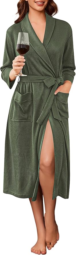 Ekouaer Robes for Women Long Waffle Knit Bathrobe Lightweight Kimono Robe Soft Shawl Collar Spa Robes with Pockets S-XXL
