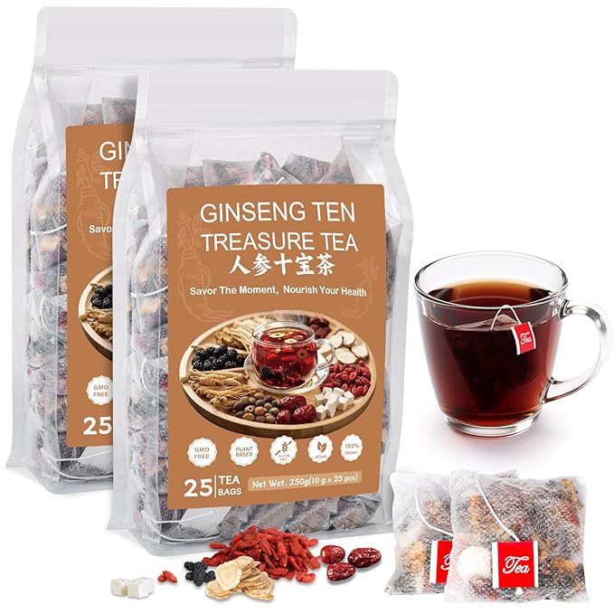 Ginseng Ten Treasure Tea, Natural Chinese Herbal Kidney Cleanse Detox Tea Support Liver & Kidneys Health for Men Women, No Additives, Caffeine Free, 10 Premium Ingredients Blend（50 Bags/2 Pack)