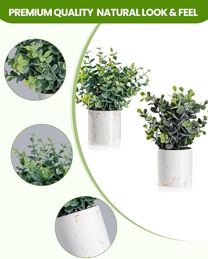 Artificial Eucalyptus Plants in White Ceramic Pots, 2 Pack Faux Greenery Decor with Different Leaf Styles, Small Potted Plants for Shelf, Bathroom, Bedroom, Office Desk, 9.05" Tall