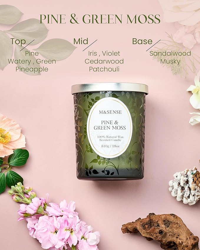 M&SENSE Pine Green Moss Strong Scented Candle, Wooden Wick Candle, 100 Hours Slow Burning No Toxin Natural Soy Wax 18oz,Calming Meditation Home Fragrance, Housewarming Gifts for Men Women