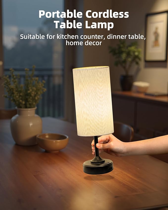 Battery Operated Lamp, Dimmable, 2700K, Timer, Touch Control, Portable, LED, Wireless, Rechargeable, Cordless, Desk Lamp, Kitchen Lamp, Fabric Shade, for Dining Room, Bedroom, Living Room, Dorm