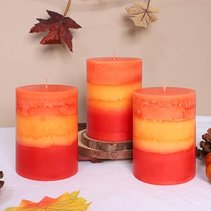 3x4 Inch Pillar Candles 3 Pack Rustic Orange Handmade Layered Clean Burning Pumpkin Spice Scented Candles Fall Harvest Aesthetic Halloween Decorative for Home Dinner Table Decor