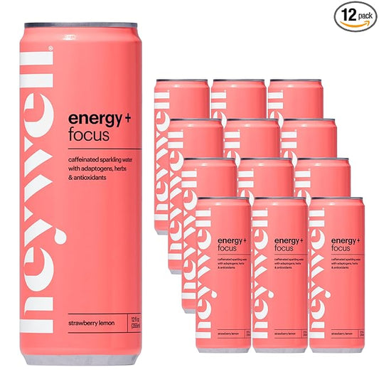 Heywell Sparkling Adaptogenic Water Energy and Focus, Strawberry Lemon Flavor 12 Fluid Ounce (Pack of 12) - Caffeinated, Organic, Non GMO, Vegan, Gluten Free, Dairy Free