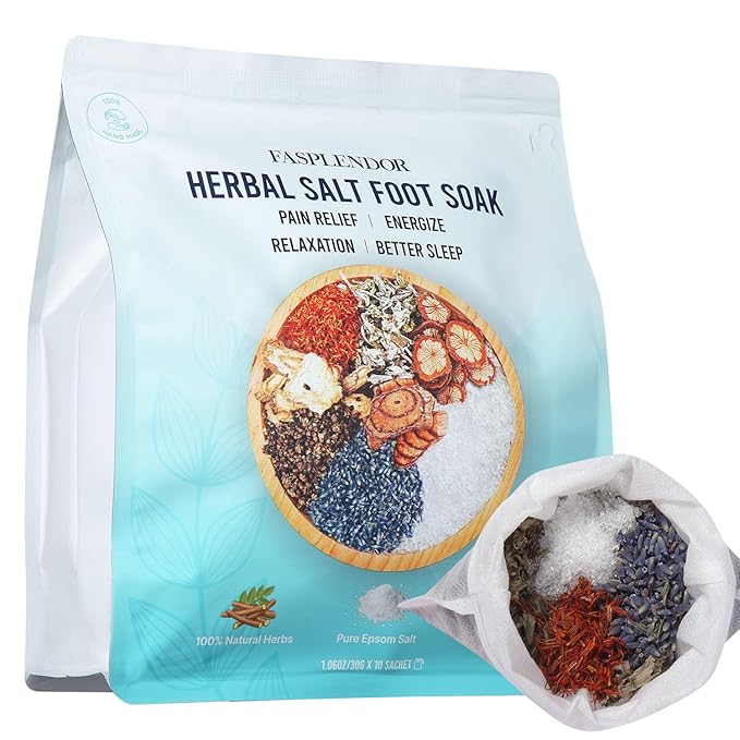 Foot Soaking Salts with Herbs, Epsom Salt, Lavender, and Mugwort, Foot Bath Spa for Soothing Relaxation, Detox, Pain Relief, and Softening Dry, Cracked Feet, Relax & Warm Pedicure, 10 Sachets