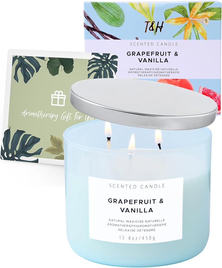 Grapefruit Vanilla 3-Wick Scented Soy Candle, 15.8 oz - Aromatherapy Citrus & Vanilla Candle, Long-Lasting Clean Burn, Strong Throw