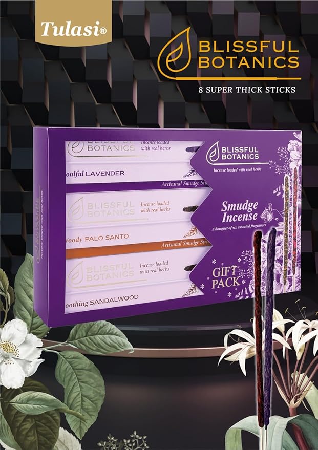 Tulasi Smudge Incense Sticks Gift Pack – 6 Scents x 40g Each – White Sage, Palo Santo, Lavender, Frankincense, Sandalwood, Rose - 48 Natural Herbal Incense for Yoga, Meditation, Thanks Giving