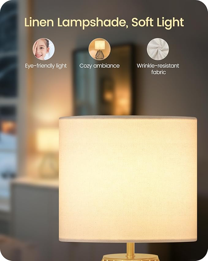Bedside Table Lamp, Small Table Lamp with Teardrop Cage Linen Lampshade, Modern Nightstand Lamp, Small Cute Desk Lamp for Bedroom, Living Room, 2700K LED Bulb Included, Gold DCW06TL05