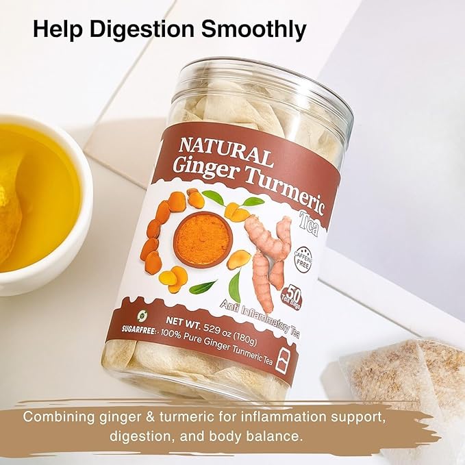 50 Ginger Turmeric Tea Bags – Premium Herbal Turmeric and Ginger Tea for Digestion and Immune Support, Caffeine-Free