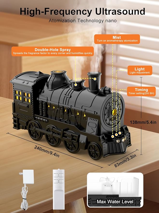 Cool Mist Humidifiers, 300ml Train Diffuser with Remote, Aromatherapy Diffuser, Ultrasonic Cool Mist Humidifier Auto Off for Office Bedroom