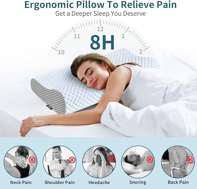 Cervical Neck Pillow for Pain Relief, Contour Memory Foam Pillows for Sleeping, Odorless Ergonomic Pillow Adjustable Orthopedic Cooling Pillow Bed Pillow Neck Support for Side Back Stomach Sleepers