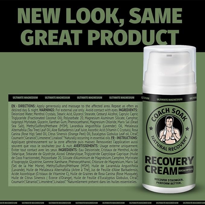 Coach Soak Magnesium Cream with MSM in Pump Bottle - Natural Recovery Cream with Magnesium Chloride & Menthol - Fast-Absorbing for Muscles & Joints, Eucalyptus 3.4oz