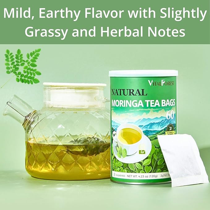 60 Natural Moringa Tea Bags, VitalForest Pure Moringa Leaves Te De Herb, Supports Digestion and Wellness, Caffeine-Free