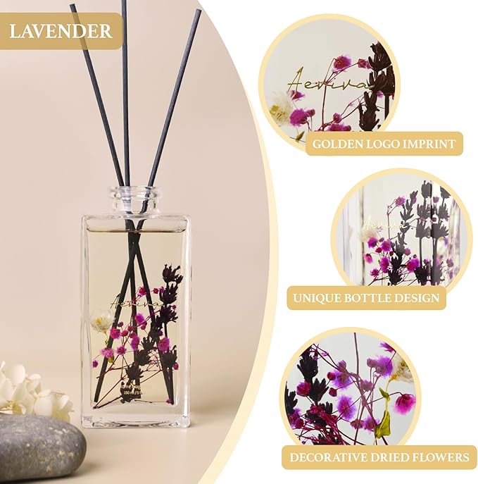 Flower Reed Diffuser Set, 5 oz Lavender Scent Diffuser with Sticks, Home Fragrance Scented Oil Reed Diffusers for Home, Bathroom, Decor & Gift