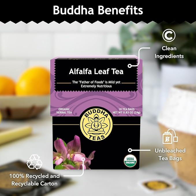 Buddha Teas - Alfalfa Leaf Tea - Herbal Tea - For Health & Wellbeing - With Vitamins, Minerals & Antioxidants - Clean Ingredients - Caffeine Free - OU Kosher - 18 Tea Bags (Pack of 1)