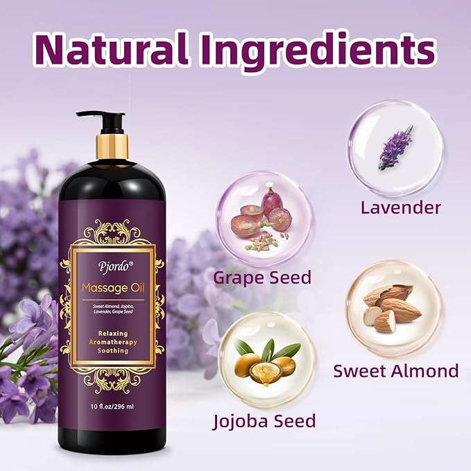 Aromatherapy Lavender Massage Oil, 10 fl oz Relaxing Massage Oil for Massage Therapy with Grape Seed, Sweet Almond & Jojoba, Spa Quality Oils for Soothing, Calming