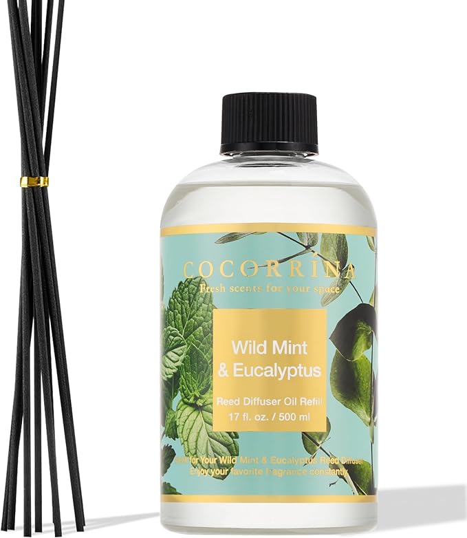 Cocorrína Reed Diffuser Refill Wild Mint & Eucalyptus 17oz (500ml) with 8 Sticks - Premium Long-Lasting Scented Oil, Home Fragrance for Bedroom, Bathroom Home Decor