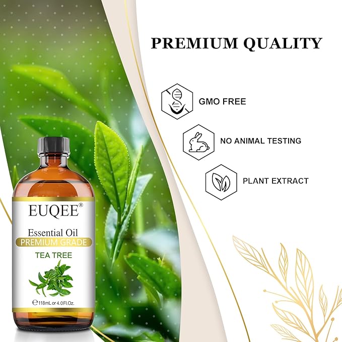 EUQEE Tea Tree Essential Oil 4Fl.Oz Pure Tea Tree Oil with Glass Dropper for Aromatherapy, Diffuser, Soap Making, DIY Soap - 118ml