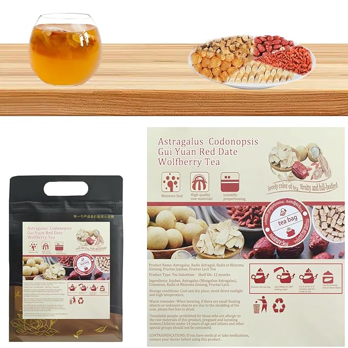 Astragalus, Codonopsis, Longan Natural herbal tea for stomach health. Jujube for Liver & Kidney Health, Roasted Detox Herbal Tea. Support Digestion & Boost Immune System, Caffeine Free. (1 Pack/50 Bags）