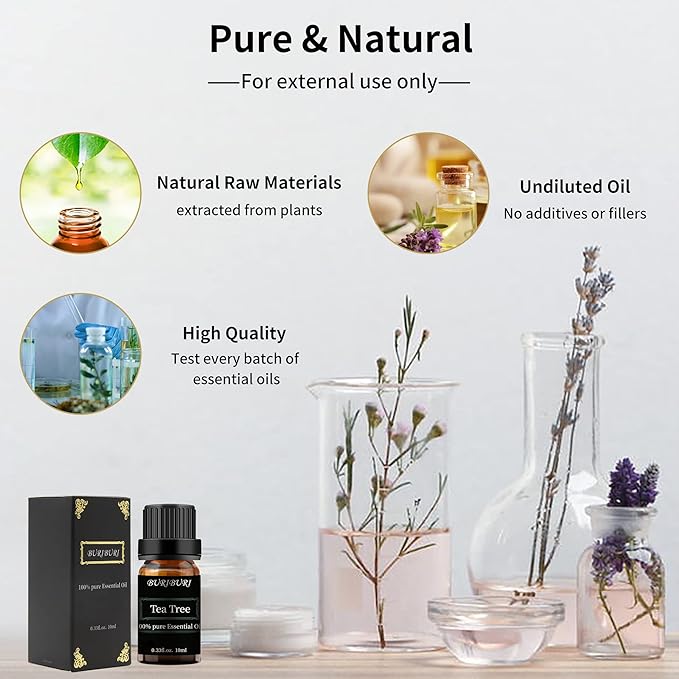 BURIBURI Tea Tree, Eucalyptus and Vanilla Essential Oil Set, 100% Pure 3Pcs Essential Oils Gift Set for Diffusers